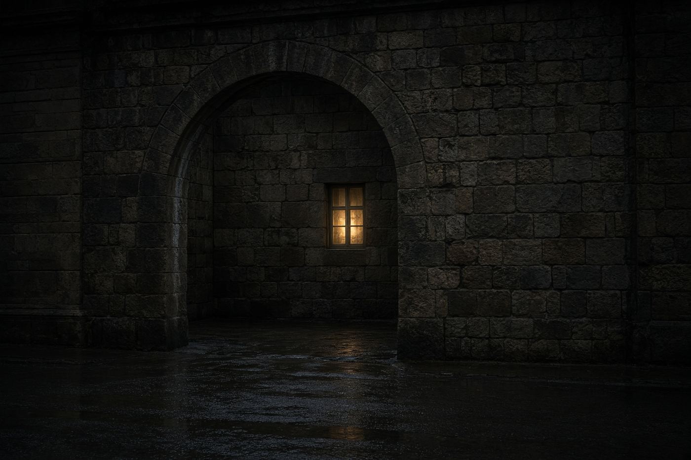 A sealed stone gate on a wet street at night