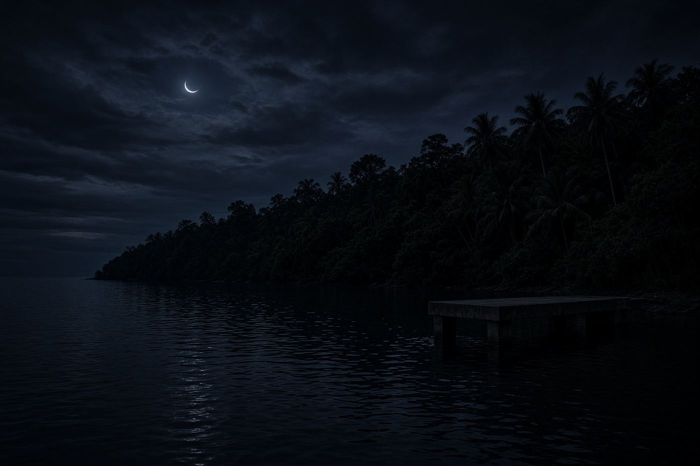 A dark island and an unlit pier under a thin moon