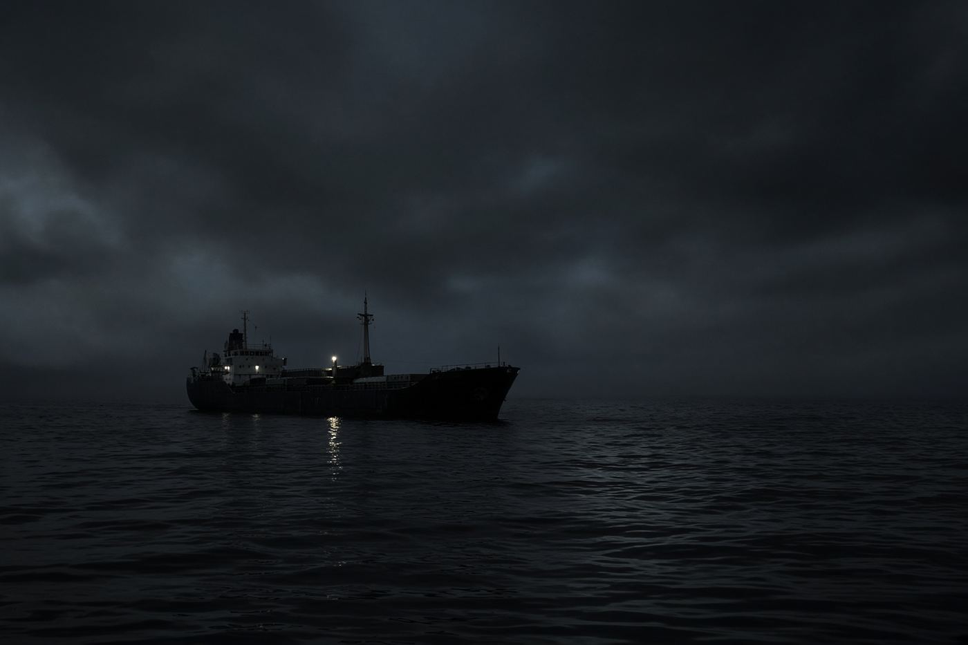 A dark freighter alone on black water