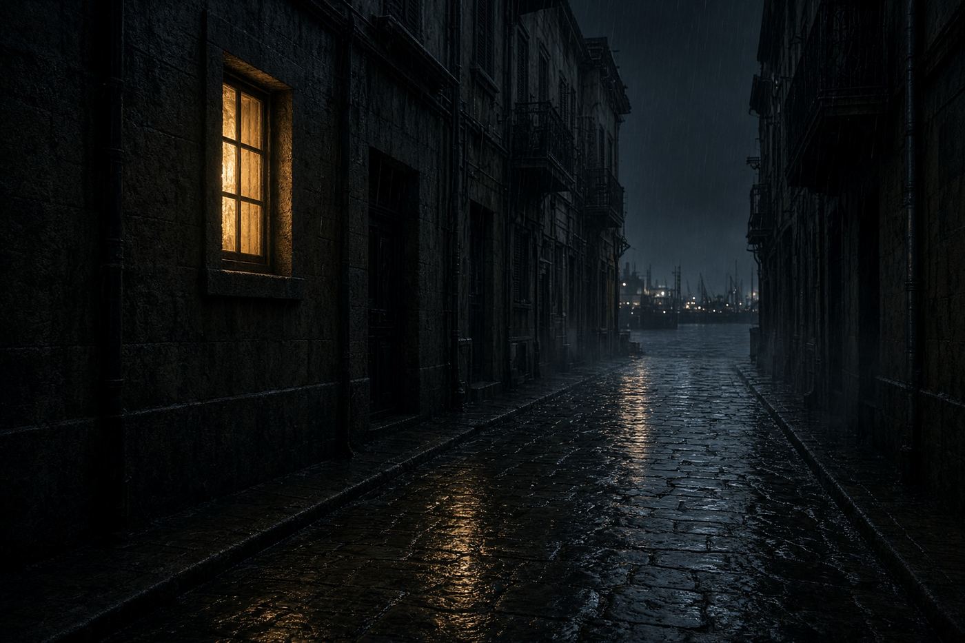 A rain-soaked street in the fictional city of Virel